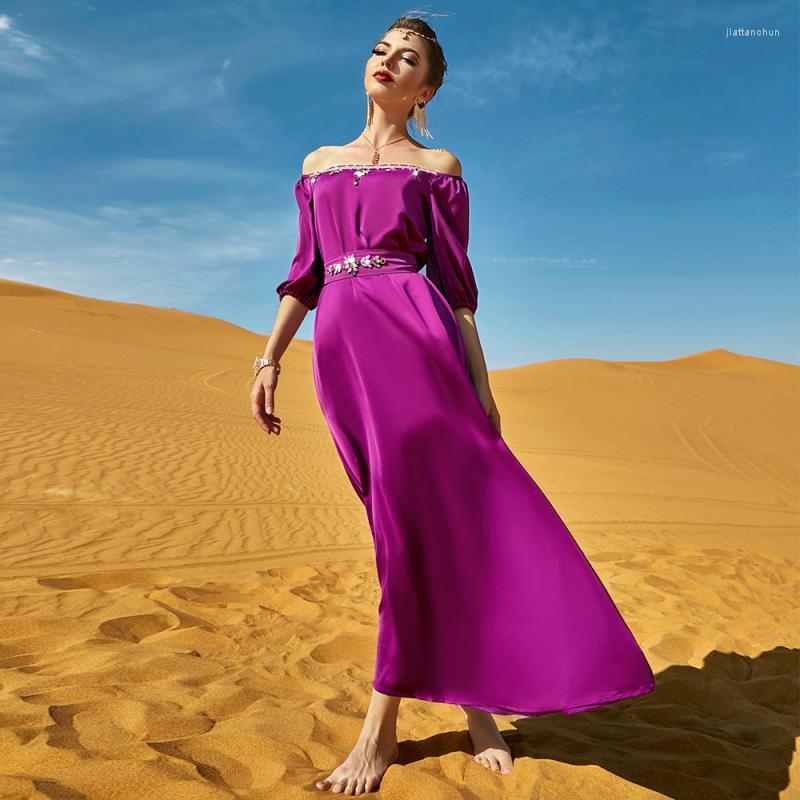 

Casual Dresses Elegant Women Short Sleeve Evening Kaftan Muslim Long Robe Gown Abaya Dubai Turkey Dress Arab Islamic Femme Clothing, Rose