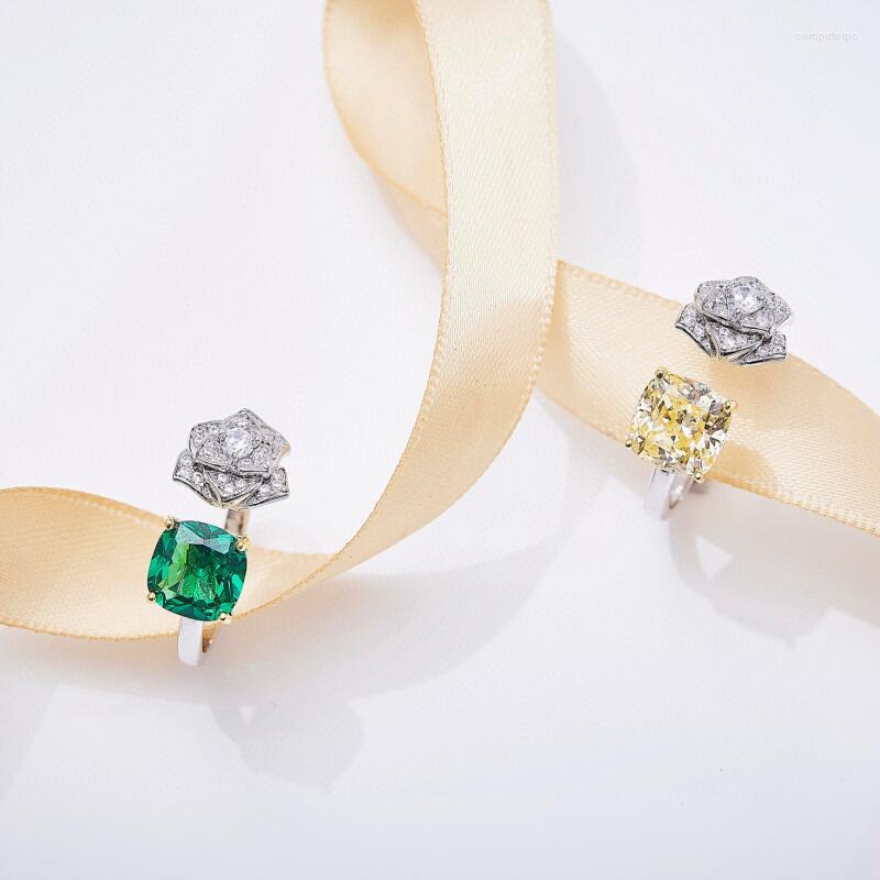 

Wedding Rings Europe America Style High-end Jewellery Women Lady Settings Yellow Green Square Cubic Zircon Rose Flower Silver Color Open