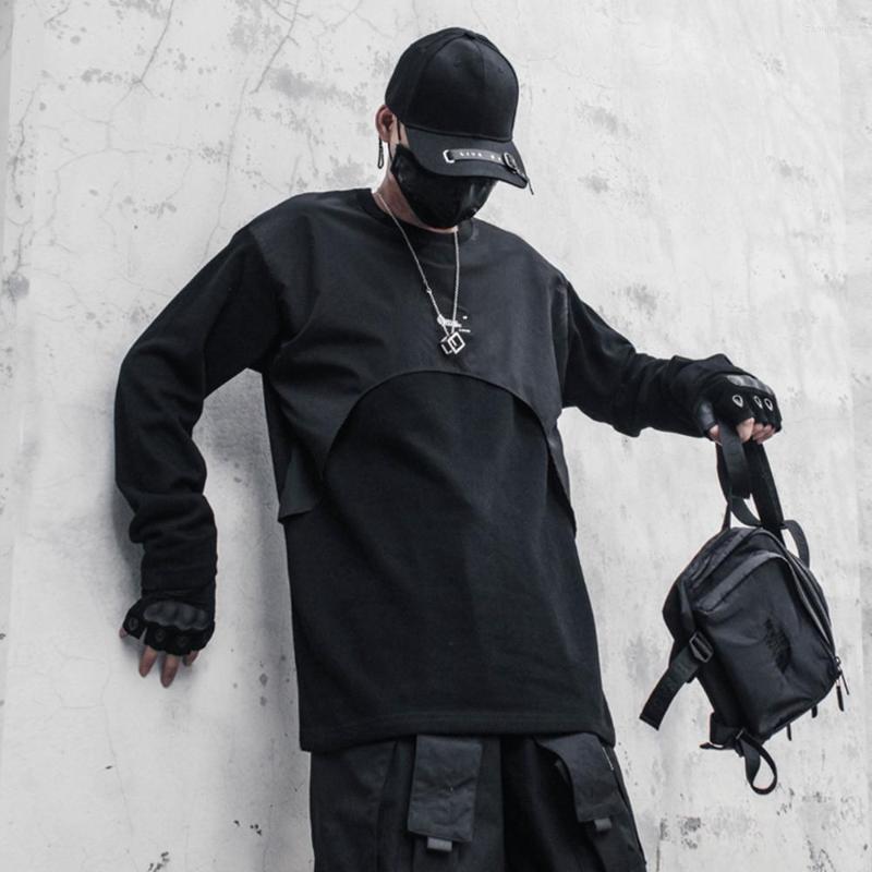 

Men's Hoodies AOGZ Harajuku Techwear Sweatshirt Autumn Pullover Hip Hop Patchwork Long Sleeve Tee Shirts Fashion Loose Streetwear Tops, Black