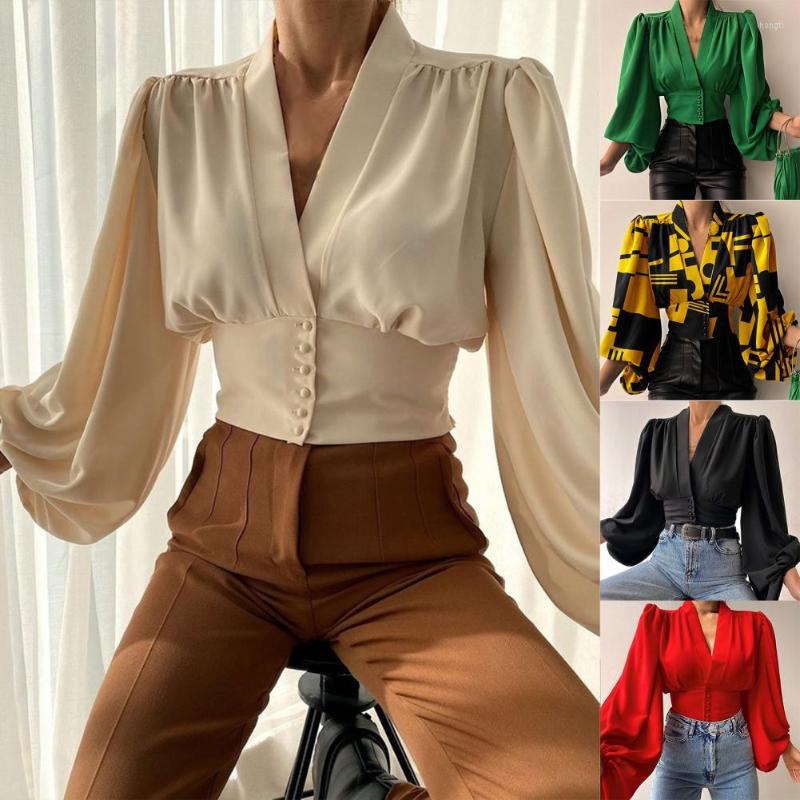 

Women' Blouses Graceful Stylish Temperament Pure Color Shirt Ladies Women Blouse V Neck For Dating, Yellow