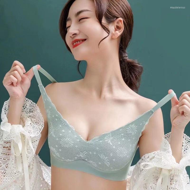 

Bras Thailand Latex Underwear Women Gathering Seamless No Steel Ring Sports Bra Sling Lace Beautiful Back Thin Large Size, Black