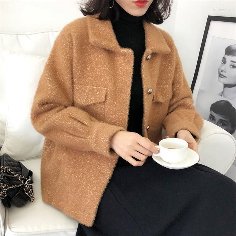 

Women's Fur 2022 Spring Autumn Women Korean Style Faux Mink Buttons Knitted Cardigan Jacket Female Tricot Short Coat Knitwear, Beige