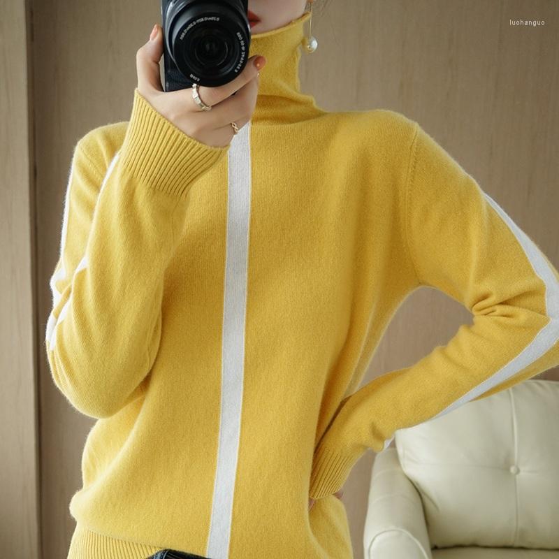 

Women's Sweaters Autumn And Winter Style Pure Cashmere Sweater Women's High-neck Color-blocking Loose Wild Wool Knitted, White