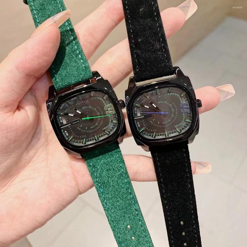 

Wristwatches Sports Design Unisex Square Watches For Students Neutral Real Leather Strap Wrist Watch Korean Brand Quartz Analog Reloj, Green