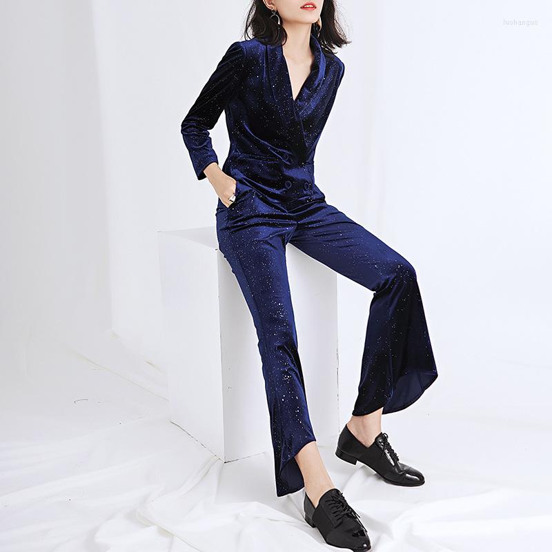

Women' Two Piece Pants Women' Suit Autumn Gold Velvet Blazers With High Waist Slim Double-breasted Two-piece, Blue