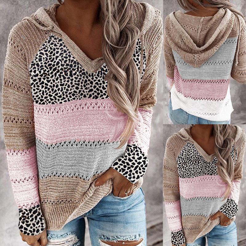 

Women's Sweaters Striped Hooded Sweater Leopard Top In Autumn And Winter Knitted, Khaki