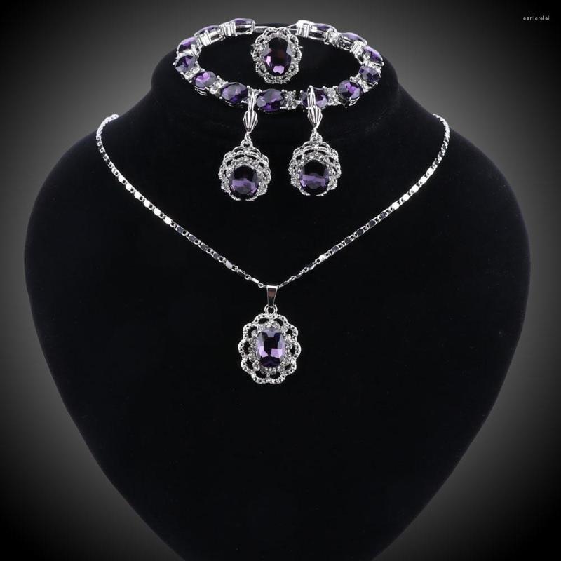 

Necklace Earrings Set 2022 Fashion Women Jewellery Classy Purple Crystal Wedding Silver Color Jewelry Woman Dress Accessories, Picture shown