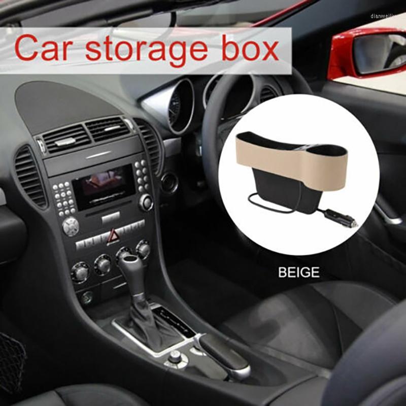 

Car Organizer Beige USB Storage Box Right Side Crevice Durable Leather ABS Useful W/2USB Ports
