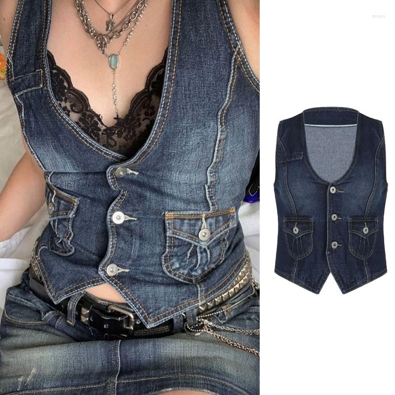 

Women' Vests Women' V Neck Denim Tops Vintage Jeans Corset With Pockets For Summer, Picture shown