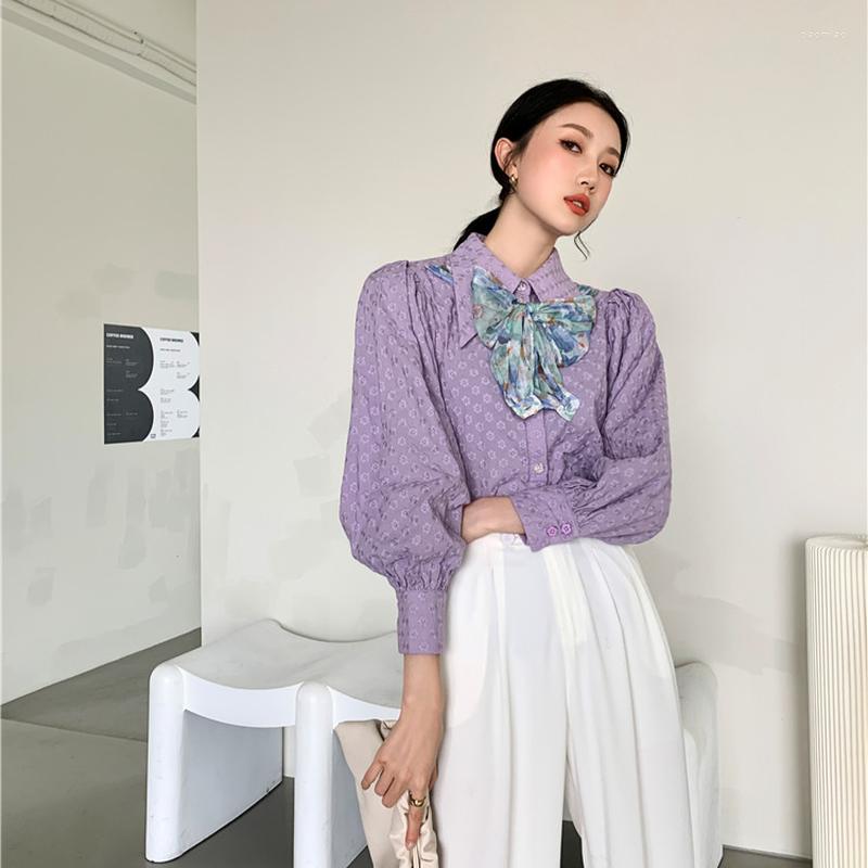 

Women' T Shirts Embroidery Purple Puff Sleeve Top Long Designer Shirt Women Korean Ladies 2022 Spring Fashion Cottagecore