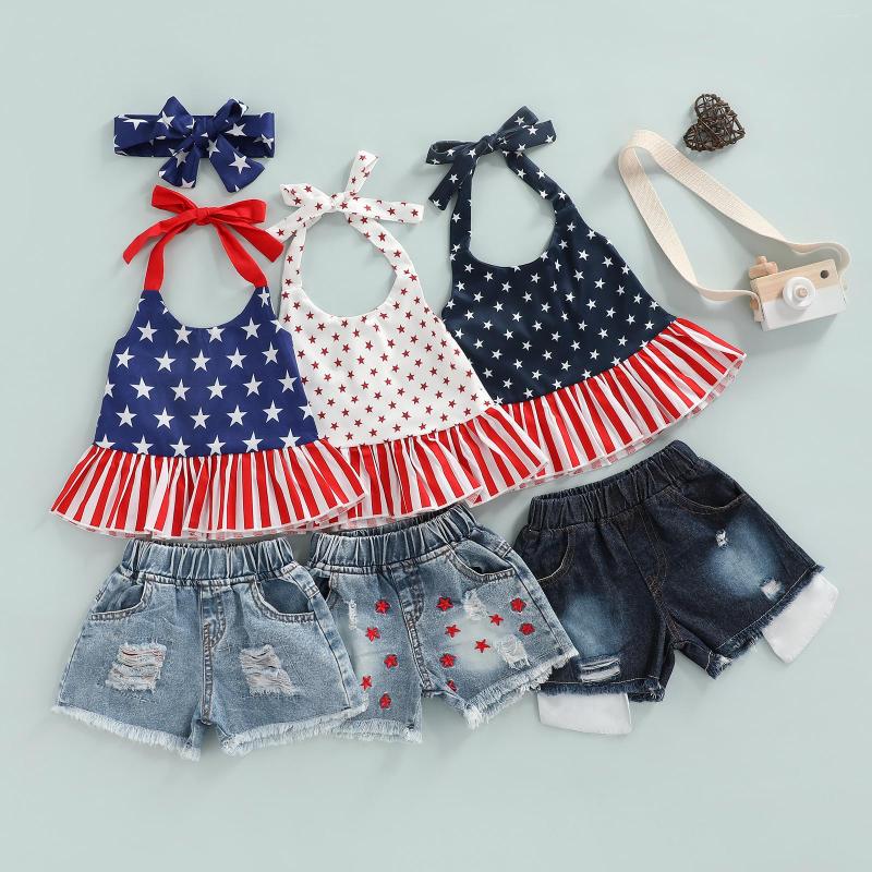 

Clothing Sets 2 Pcs Infant Independence Day Outfits Girls Tie-up Ruffled Star & Stripe Print Halter Tops Ripped Jeans With Pockets 1-5T, Navy blue