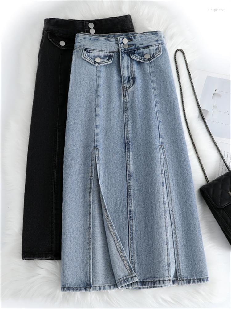 

Skirts Double Slit High Waist Denim Blue Skirt Women' Spring Summer All-match Casual Slim Mid-length Straight Black Female