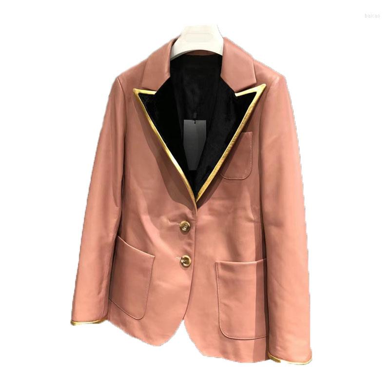 

Women' Leather Coat Women Spring Regular Length Pink Color Genuine Jacket Spliced Velvet Collar Fashion Female' Overcoat