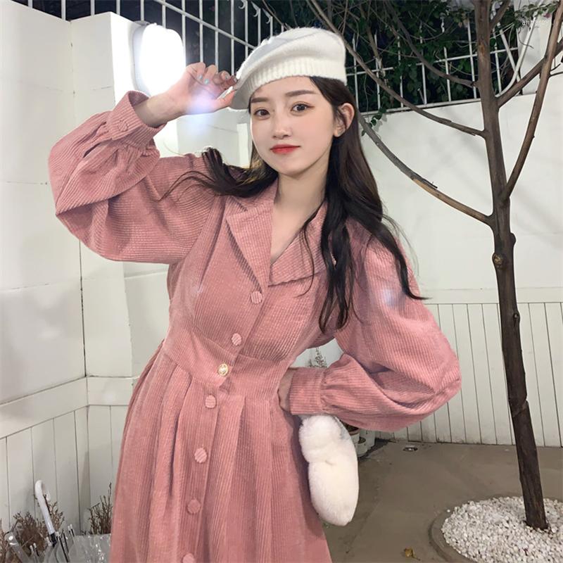 

Casual Dresses Elegant Office Ladies Women Dress Long Sleeve Corduroy Solid Color Korean Fashion Vintage Girls Fall Midi 2022