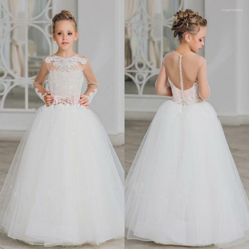

Girl Dresses Elegant Flower Dress Princess Lace Long Sleeves Bow Tulle Gown Applique First Holy Communion Party, Silver