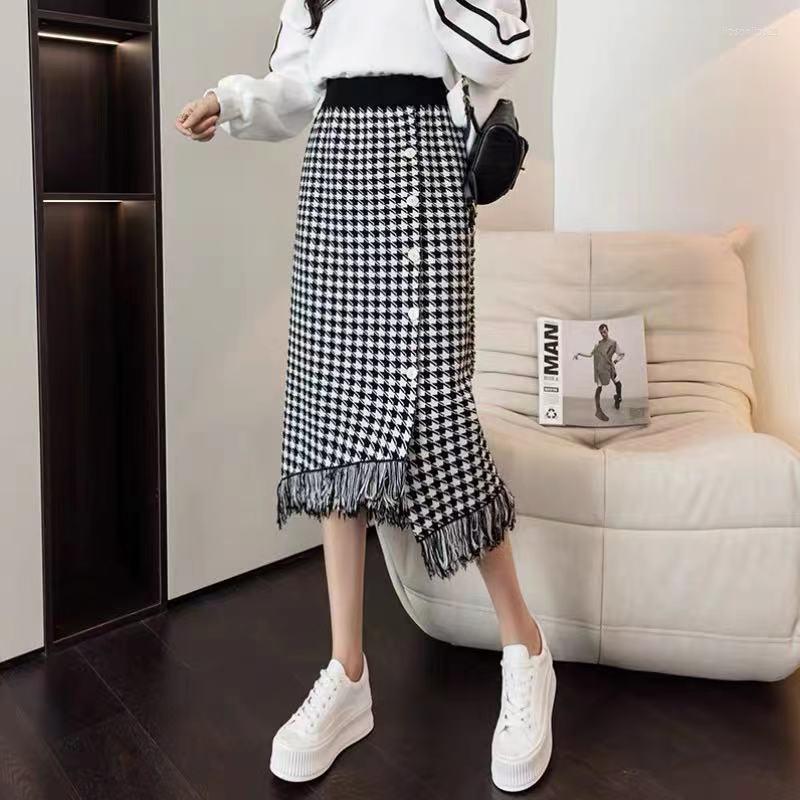 

Skirts Houndstooth Knitted Skirt Women's Autumn Winter High Waisted Straight Tassel Midi Side Buttons Irregular Korean Fashion, Black