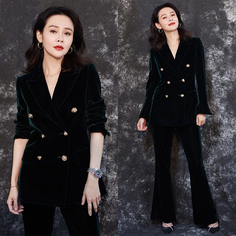 

Women's Two Piece Pants Velvet Women's Suits Office Lady Two-piece Suit Double-breasted Blazers High-waist Flared, Same as the picture