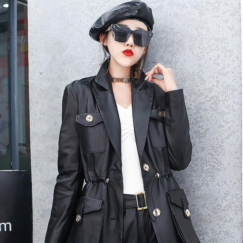 

Women's Leather Fashion Genuine Jacket Women Casual Real Sheepskin Coat Female Long Womens Clothing Purple Korean Autumn Outwear WPY2257, Black