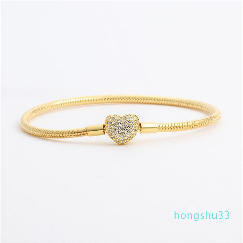 

18K Yellow Gold plated CZ Diamond Heart Bracelets Original Box Set for Pandora 925 Silver Snake Chain Bracelet for Women Wedding J308g