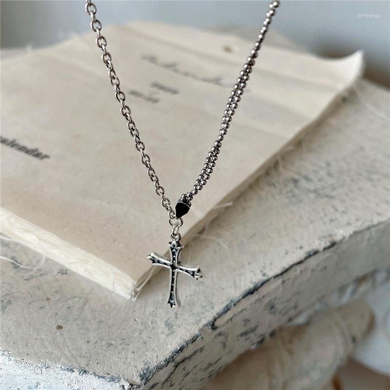 

Pendants POFUNUO Real 925 Sterling Silver Vintage Cross Charm Necklace Women Simplicity Simple Chic Distressed Beads Chain Fine Necklaces