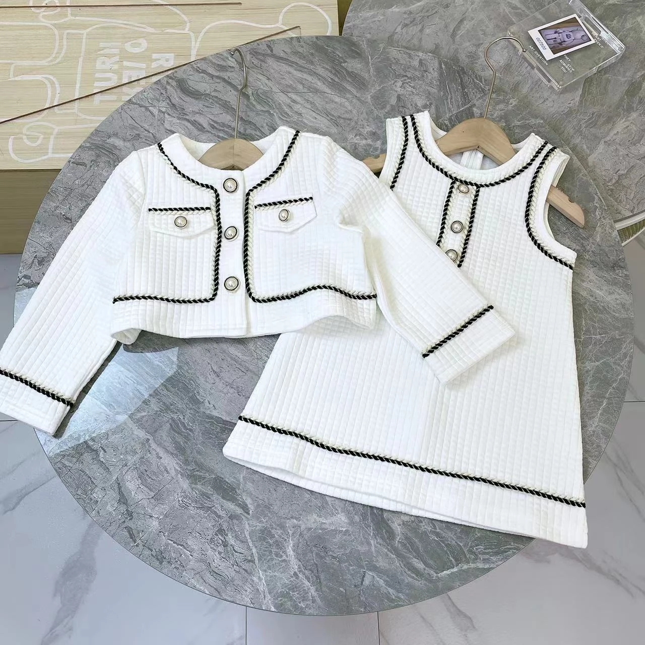 

Luxury Girls Dresses Sets Autumn 2022 Designer Kids Clothes Party Wedding Dress Cardigan Jacket 2Pcs Suit Baby Girl Clothes Outfit, Black