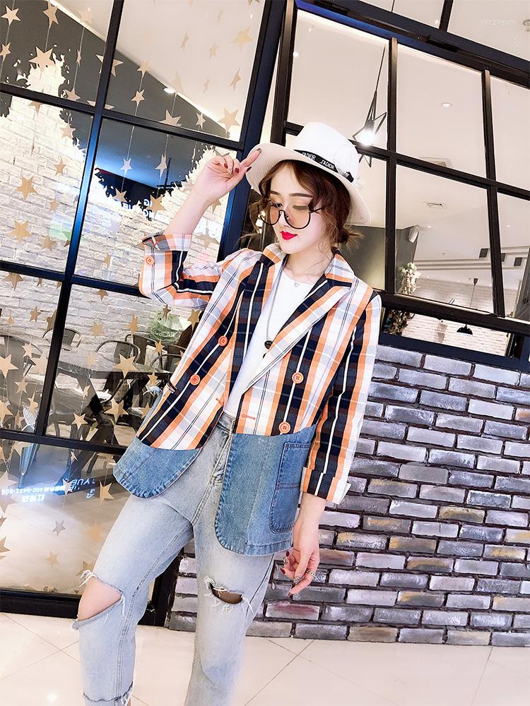

Women's Suits Fashion Plaid Suit Women Blazer Spring Autumn Stitching Denim Jacket Casual Feminino Dress