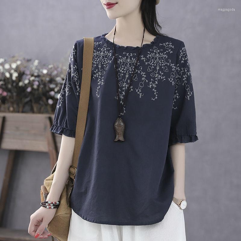 

Ethnic Clothing Summer Chinese Style Women Tshirt Plus Size Half Sleeve Loose Vintage Embroider Tee Shirt Femme Cotton Linen Tops 12696