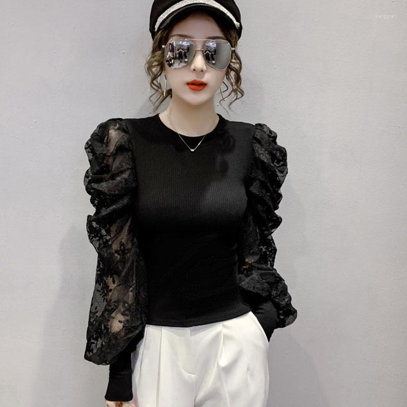 

Women's Blouses Spring Autumn Blouse European Style Lace Lantern Sleeve Stitching Top Long-sleeved Slimming Female Tops LL229, Black