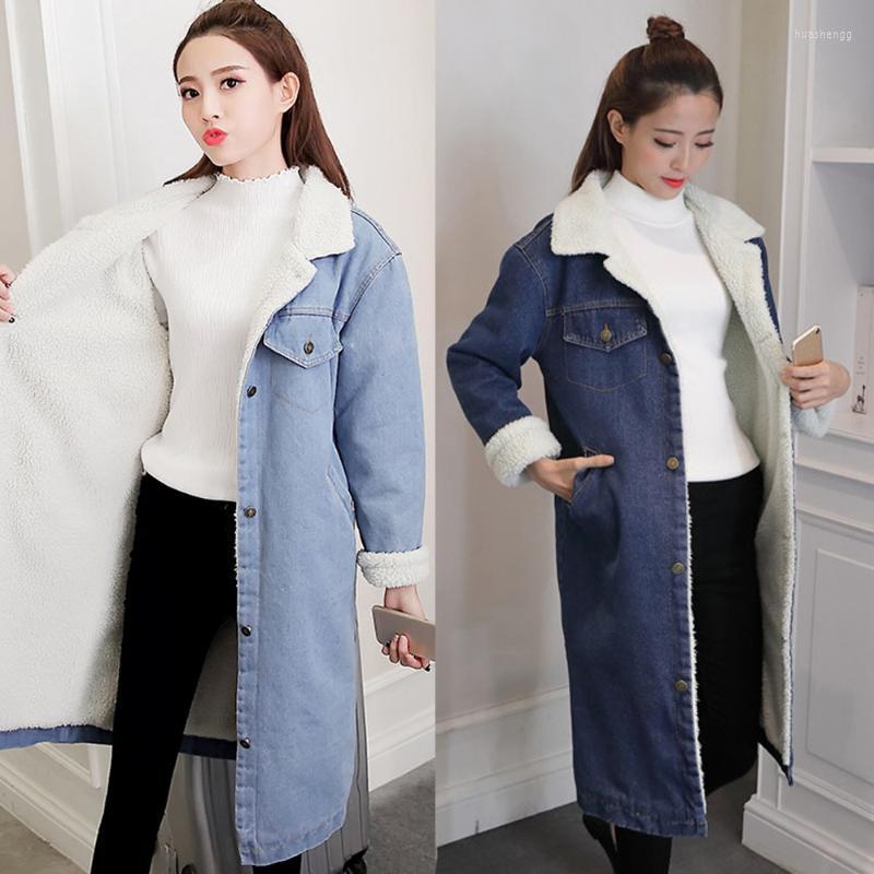 

Women's Wool Women's & Blends Sleeve Warm Velvet Women Jean Thickening Plus Wind Long Outcoat Denim Outwear Coat Jacket, Dark blue