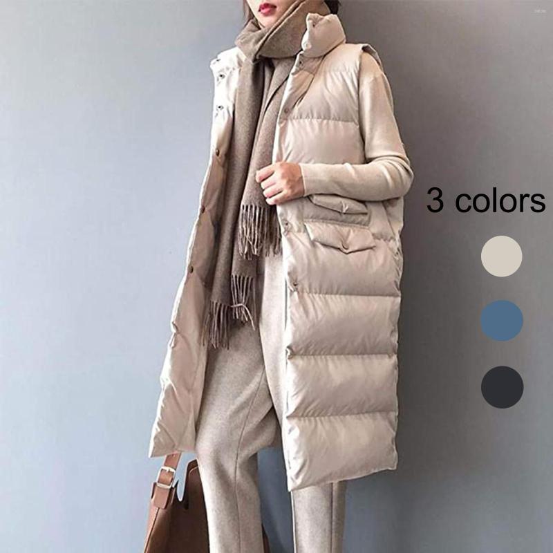 

Women' Vests 2022 Women' Winter Down Vest Jacket Mid-length Long Sleeveless Warm Padded Coat Outerwear Casaco Feminino, Beige