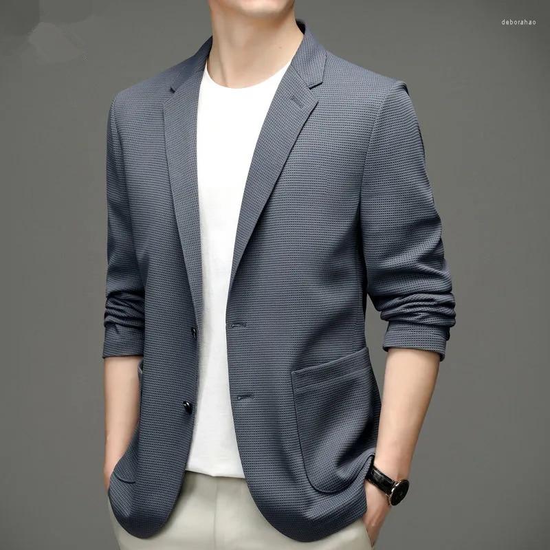 

Men's Suits Blazers For Men Breathable Knitted Jacket Spring Autumn Single Breasted Casual Pocket Business Jaqueta Masculina, Blue grey