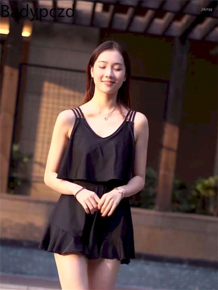 

Women' Swimwear 2022 Ladies Korea Black V-neck Swimsuit Gathered Sexy Conservative Spa Bathing Suit Women One Piece Monokini