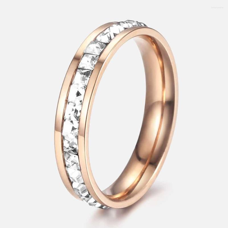 

Wedding Rings 4mm 585 Rose Gold Color Ring Stainless Steel Iced Out CZ For Men Womens Band Gifts Couple Jewelry Drop HKR170