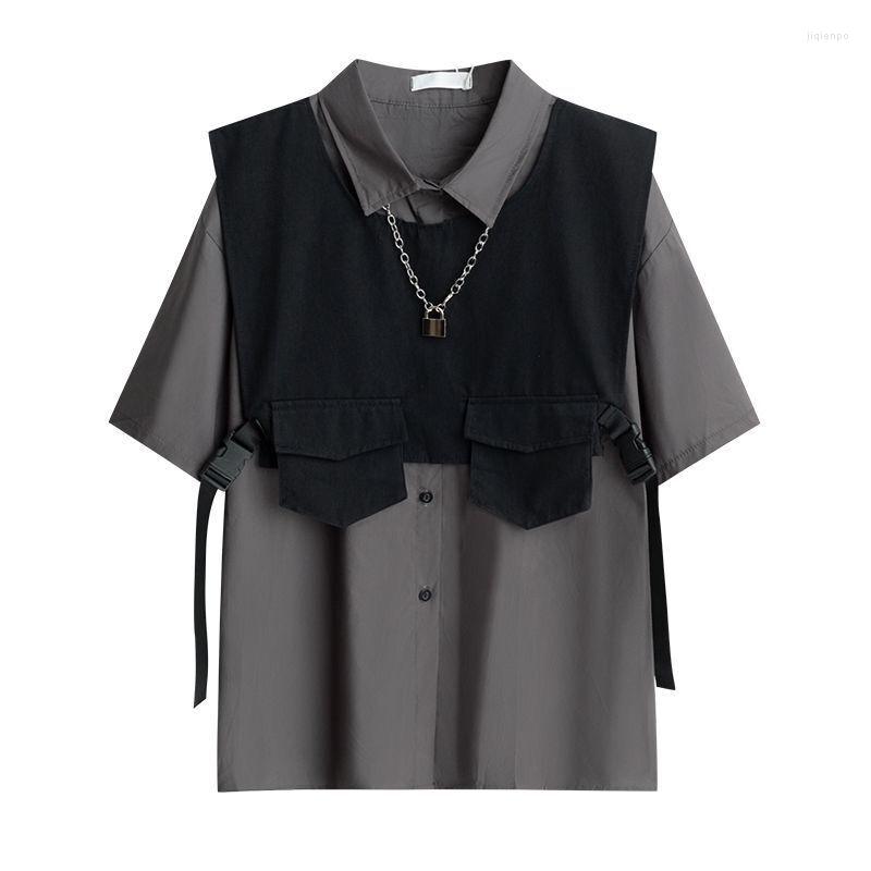 

Men's Casual Shirts Vest 2-piece Summer Trend Dark Tooling Functional Style Versatile Cool Shirt Men's Short Sleeve Loose Top, Black