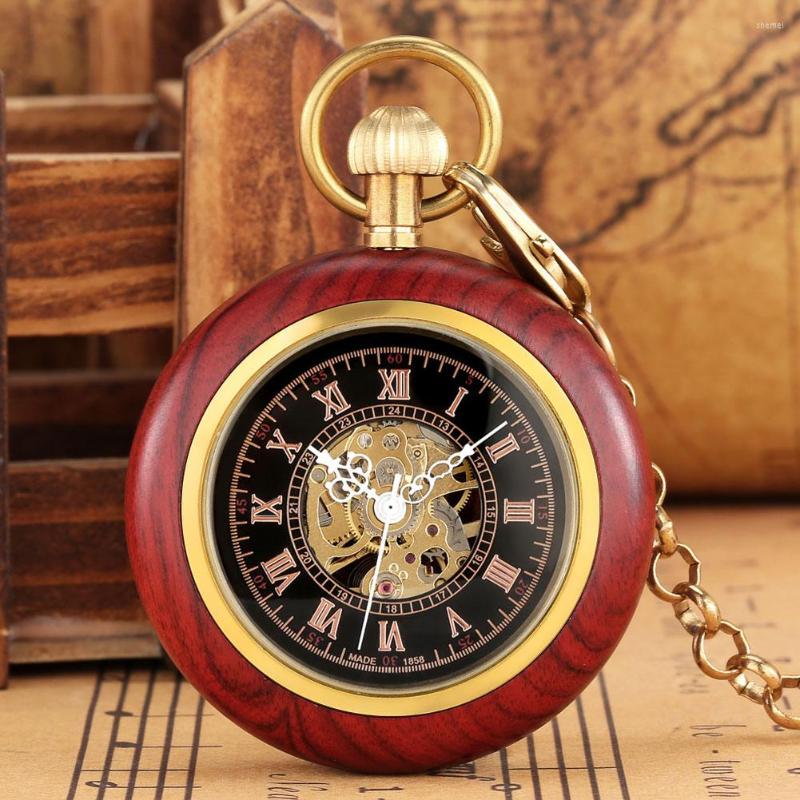 

Pocket Watches Vintage Lady Red Sandalwood Mechanical Watch Nobleness Black Digital Dial Men Round Clock Gift Practical Necklace Pendant