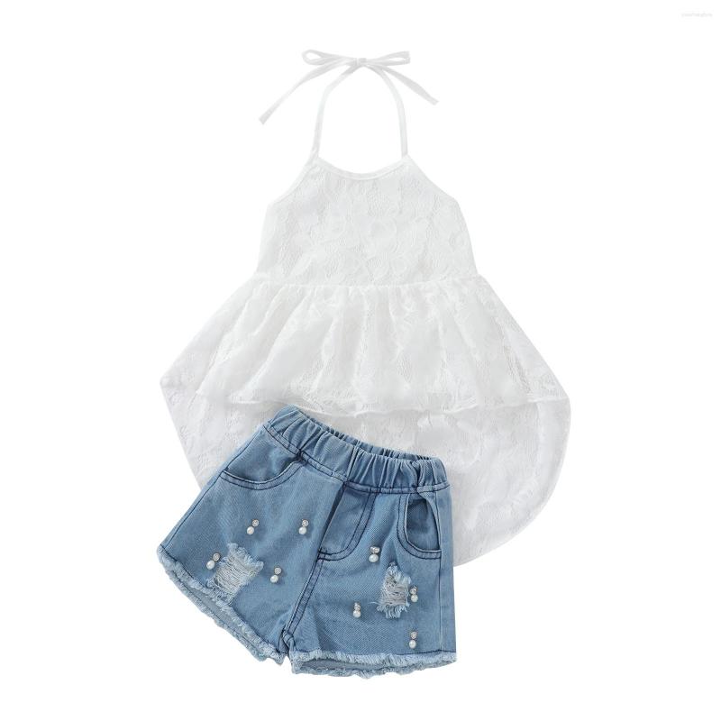 

Clothing Sets 2Pcs Sweet Style Little Girls Outfit Summer Hanging Neck Irregular Hem Lace Sleeveless Tops Ripped Denim Shorts Set, Picture shown