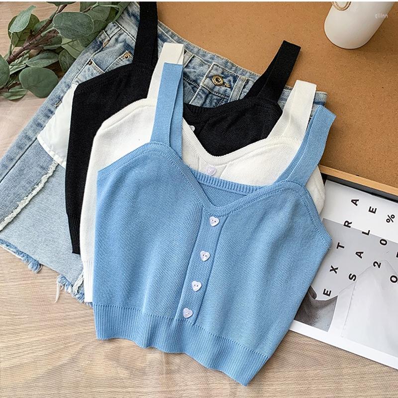 

Women's Tanks Tops Women Crop Summer Plain Button Up Cute Knitted Tank For 2022 Fashion, Black