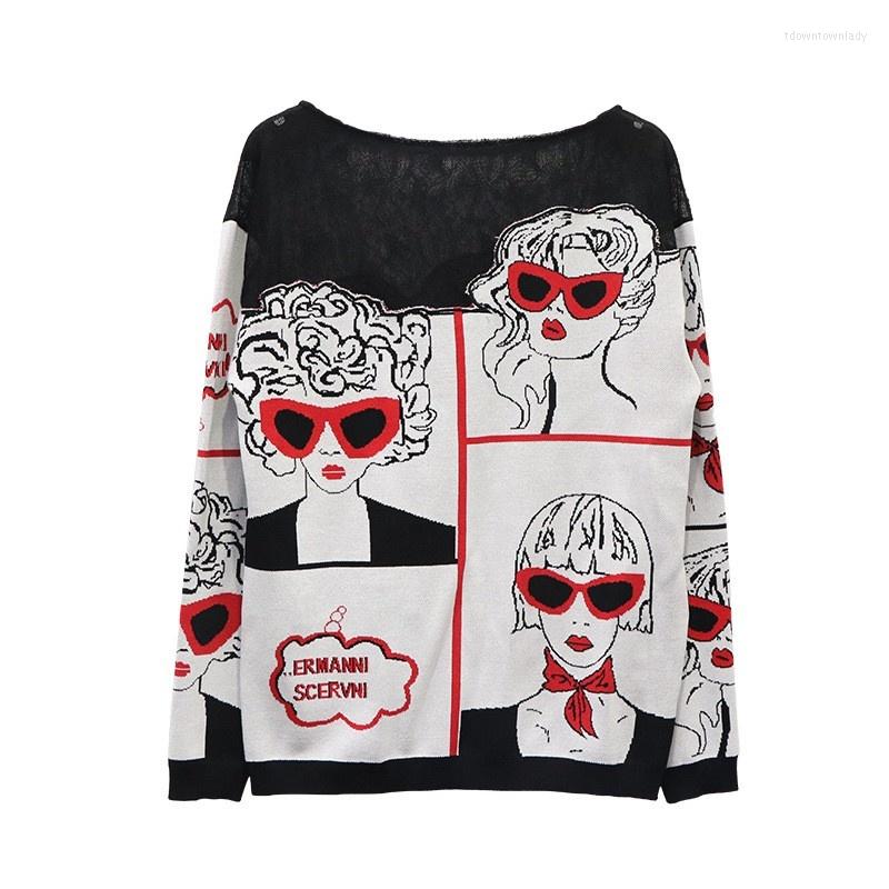 

Women' Sweaters Autumn Women Casual Kawaii Cartoon Jacquard Weave Sweater Long Sleeve Lace Patchwork Jumper Pullover Knitted Tops, Picture shown