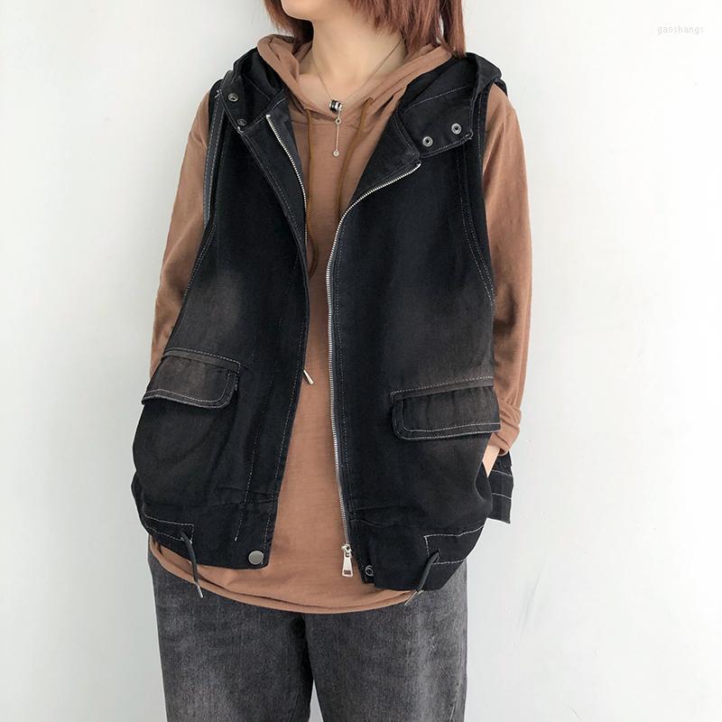 

Women's Vests Black Denim Vest Women 2022 Spring Autumn Hooded Outer Wear Loose Retro Sleeveless Fashion Coat Women's