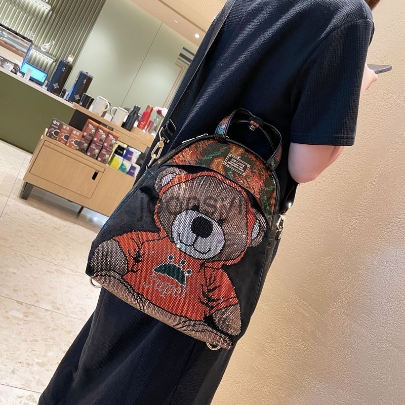 

Evening bag Hand Crossbody Bear leather backpack women Classic Design fashion multi-purpose women's high sense small crowd hot drill, Orange bear