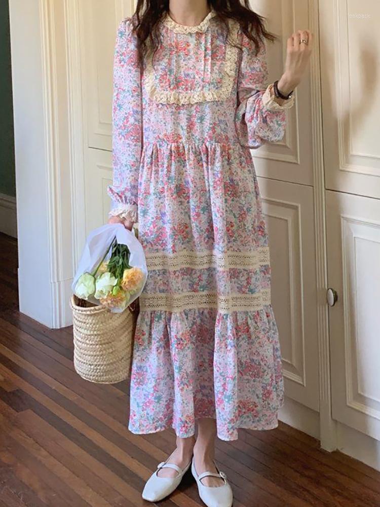 

Casual Dresses HOUZHOU Cottagecore Floral Long Dress Women Autumn Vintage Korean Lace Patchwork Chic Fairycore Loose Cute Sleeve, Picture