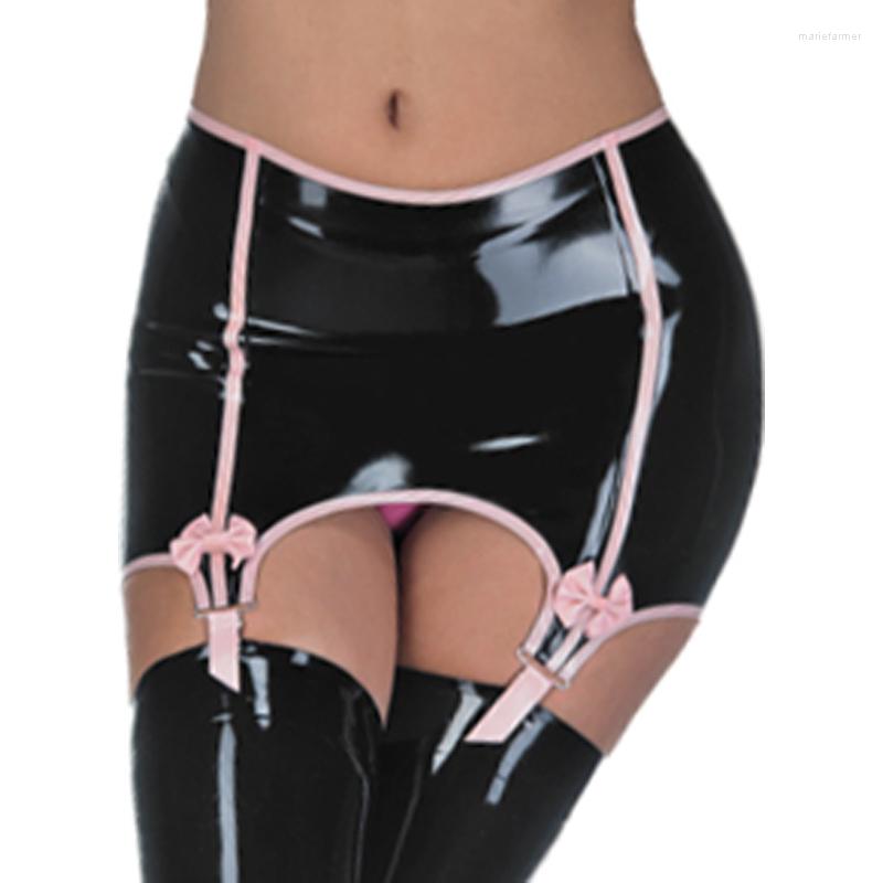 

Garters Black And Pink Strips Sexy Rubber Latex Skirts With Bows Suspenders JC-0009, Lake blue wit pink