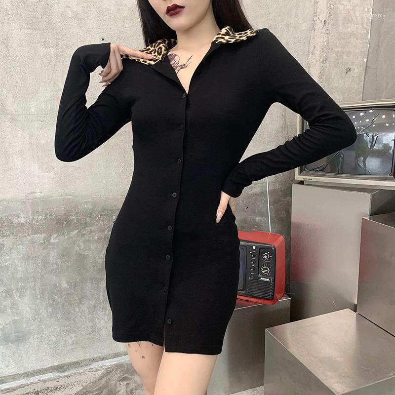 

Casual Dresses Streetwear Gothic Sexy Button Up Black Vestidos Punk Animal Print Collar High Waist For Women Harajuku Autumn Mini Dress