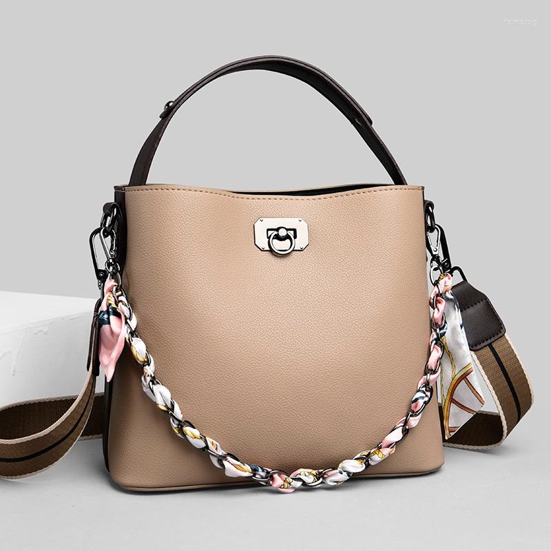 

Evening Bags Women Chain Bucket Bag Broadband Pu Leather Female Crossbody Messenger Scarves Tote Handbags Lady Casual Black Shoulder