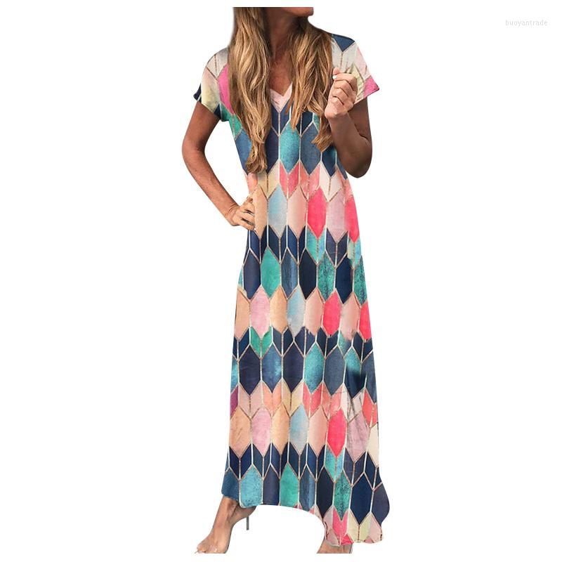 

Women' Swimwear Women' Dress Summer Fashion 2022 Daily Life Straight Casual Colorful Diamond Print V-Neck Short Sleeves Ankle Length
