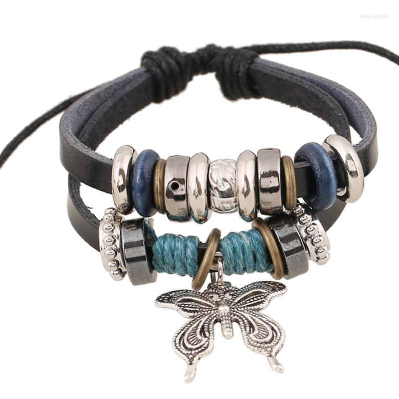 

Strand Vintage Bracelets For Women Zinc Alloy Butterfly Beads Accessories Black Leather Bracelet Pulseras Wristband Jewelry