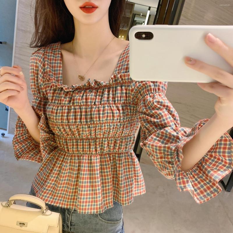

Women' Blouses Women Blouse Bell Sleeve Plaid Spring Autumn Loose Top Blusas Mujer De Moda, Pink