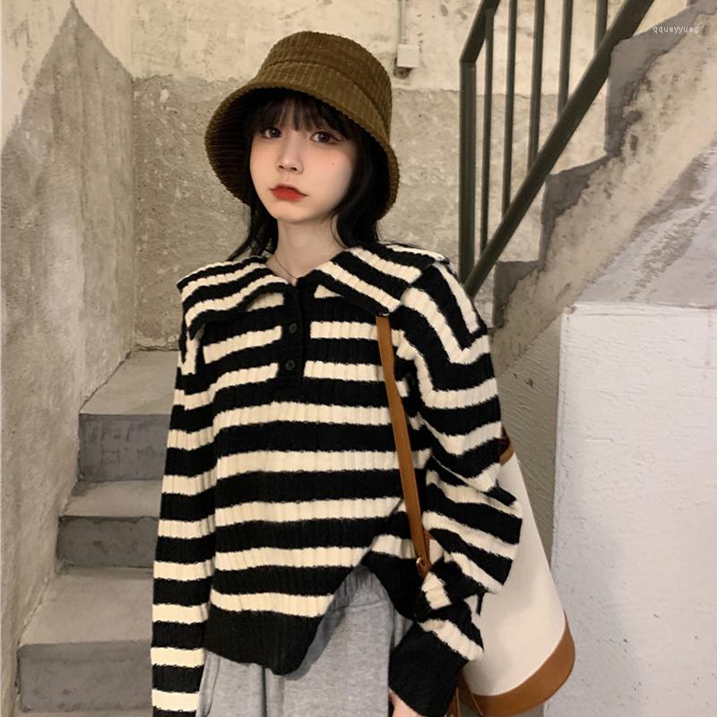

Women's Sweaters Lazy Style Striped Sweater Women Spring Autumn And Winter Loose Wearing Japanese Retro, White stripes