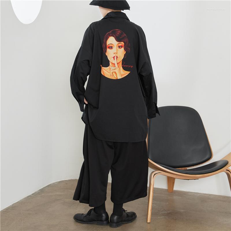 

Men's Casual Shirts Fashion Men's Personalized Niche Design Touching Head Print Loose Medium And Long Sleeved Shirt, Black