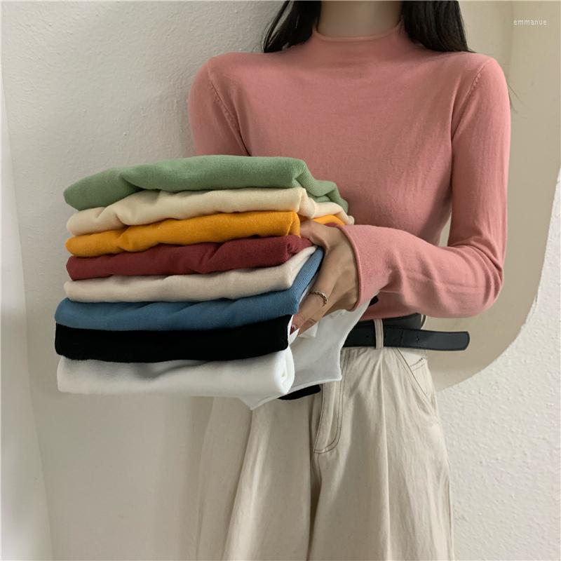 

Women's Sweaters Autumn Mock Neck Knitting Bottoming Pullovers Fashion Solid All-match Woman Tops Temperament Long Sleeve Thin Femme, Pink